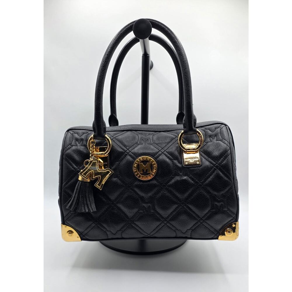 Metrocity Italy Black Quilted Leather Satchel Bag Gold Hardware Boston Style